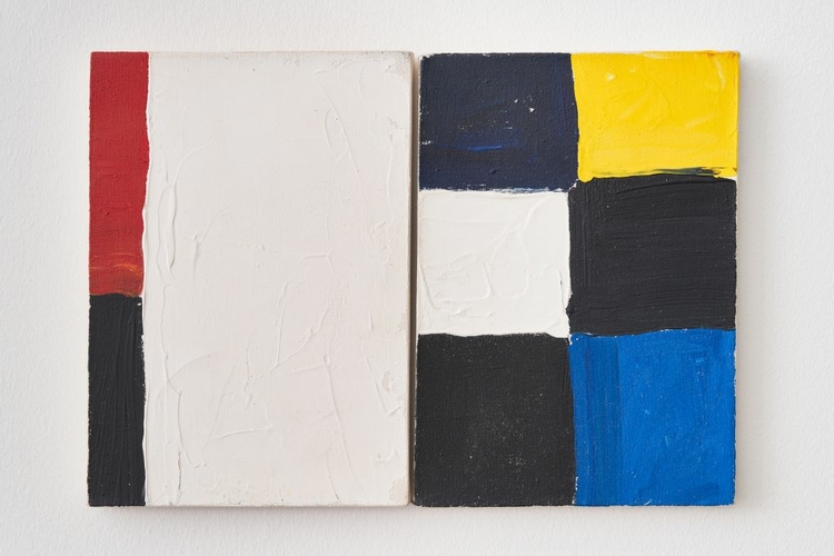 Diptych work by Atta Kwami. The left painting features white background with a thin strip of red and black on the left side. The right painting features six squares in black, yellow, white, and blue.